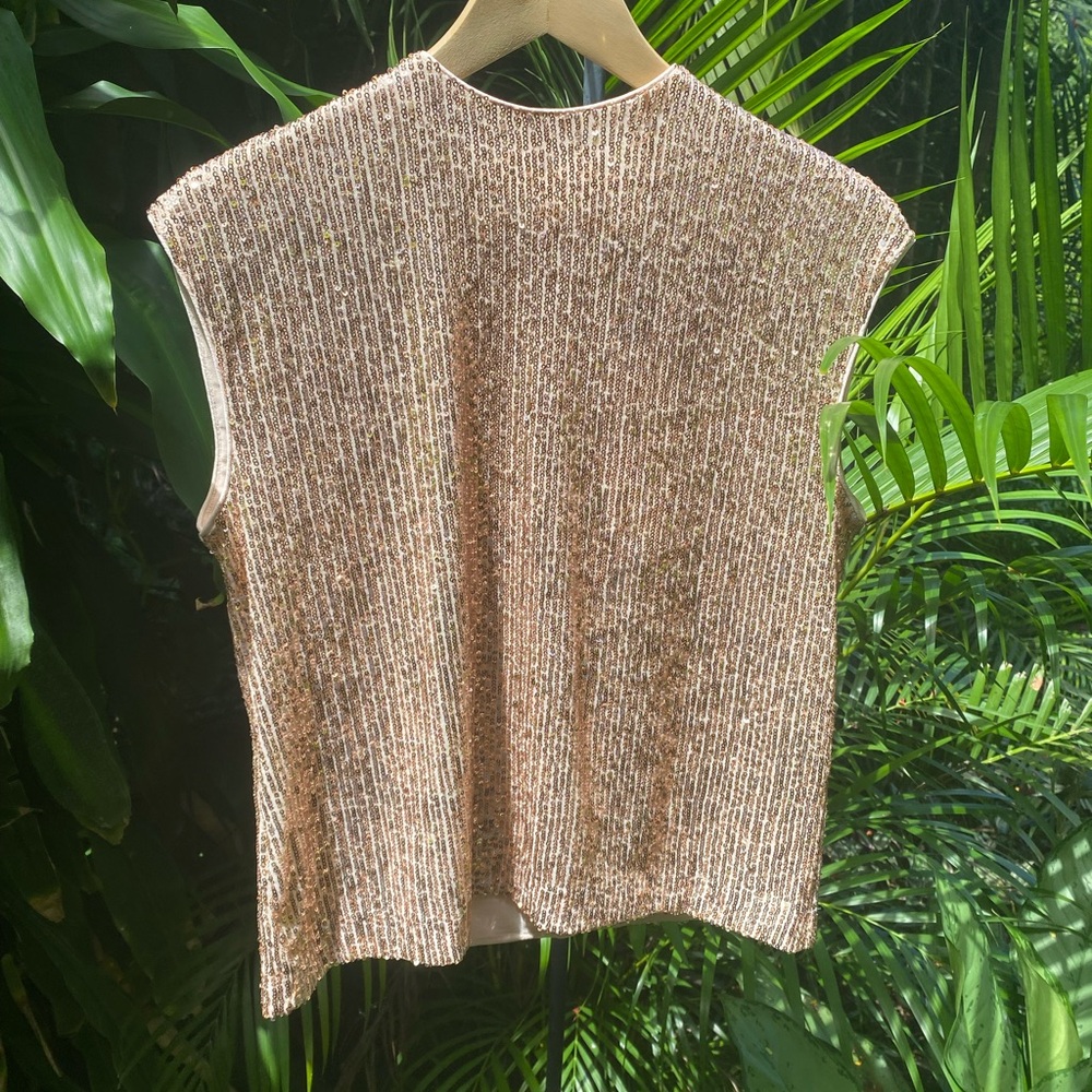 Calvin Klein Sequin top XS New w tag gold sleeveless shell tank blouse zip